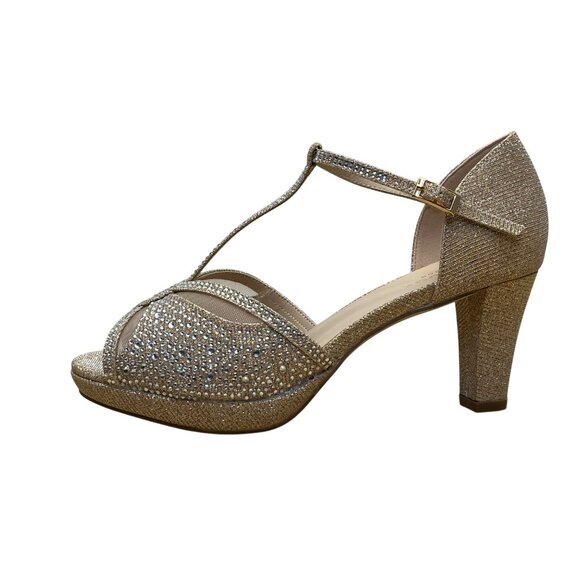 Paradox London Women’s Champagne Glitter T-Bar Nora Open Toe Heels Size 7M - Picture 4 of 11